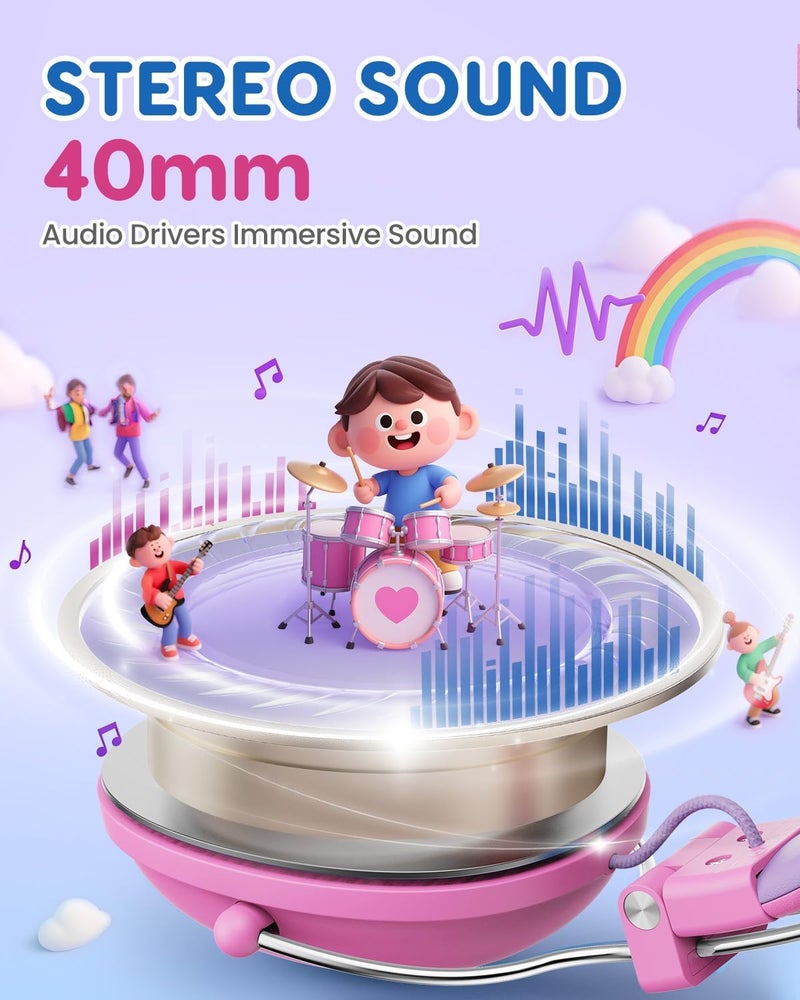awatrue Kids Headphones, 74/85dB Safe Volume Limit, Stereo Sound, Wired On-Ear Headphones for Kids Boys Girls, 3.5mm Jack for Tablet, iPad, Kindle, YOTO Player, Airplane Travel, Pink - Image 2